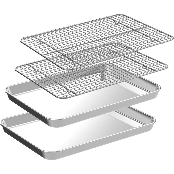 4 részes sütőtepsi és rozsdamentes acél rács szett 31.5x24.5x2.5 cm szürke