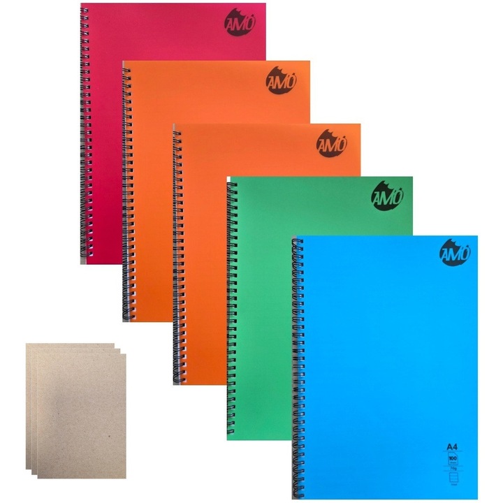 Caiet studentesc cu spirala, Dictando (romana), A4, 5 caiete /set, 100 file, coperta si spira plastic + 10 Cartonase pentru notite FLR