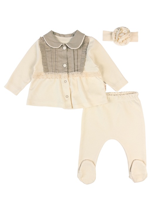 Set Elegant pentru Nou Nascuti si Bebelusi Fete, 3 Piese, Bluzita cu Guler Gri si Insertii de Dantela 62 CM