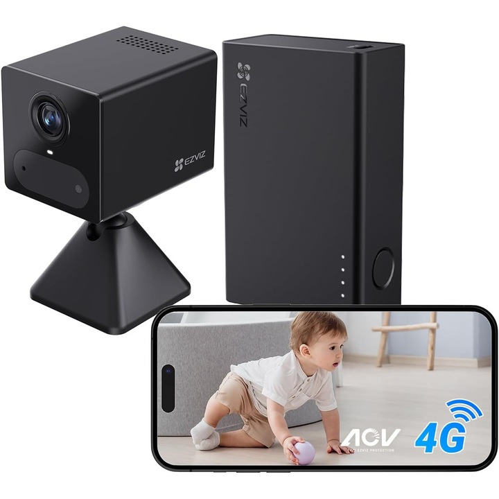EZVIZ CB2 4G intelligens beltéri megfigyelő kamera készlet Power Partnerrel, 2K felbontás, Összesen 7200 mAh akkumulátor, 4G LTE SIM foglalat, AI érzékelés, Fekete