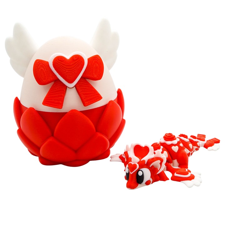 Set Mini Dragon Romantic cu Ou de Dragon, figurina articulata printata 3D in Romania, dragon decorativ, cadou original, jucarie articulata, colectie