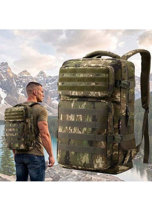 Ghiozdan Tactic Design Militar, erucsac®, Sistem MOLLE si Panou Velcro, Spatios, Casual, pentru Drumetii, Turism, Camping, Impermeabil la Stropi de Apa, Buzunare Mari, Rucsac 35 L, Bretele Reglabile, Special pentru Uz Zilnic, Camuflaj Deschis