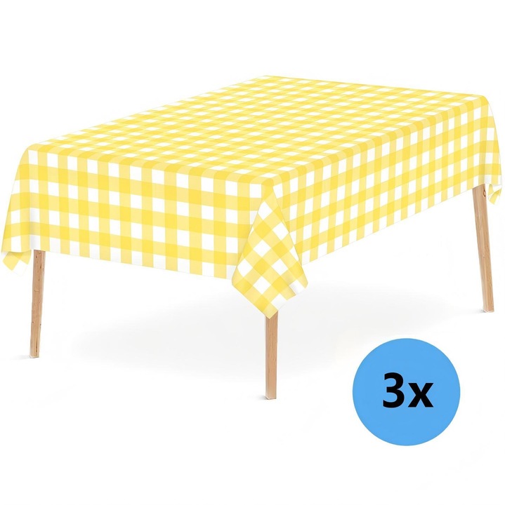 3 db műanyag asztalterítő szett, téglalap alakú, sárga, 137x274cm, folt- és gyűrődésálló