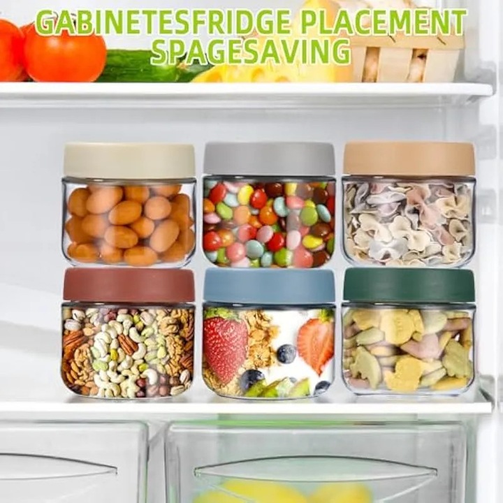 6 db üveg befőttesüveg készlet, 300 ml, légmentesen záródó, többszínű fedéllel