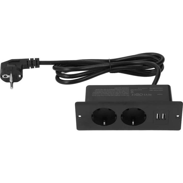 Beépíthető aljzat 2 USB és 2 AC aljzattal, 230-265V, 160x60x46mm, 1.5m kábel