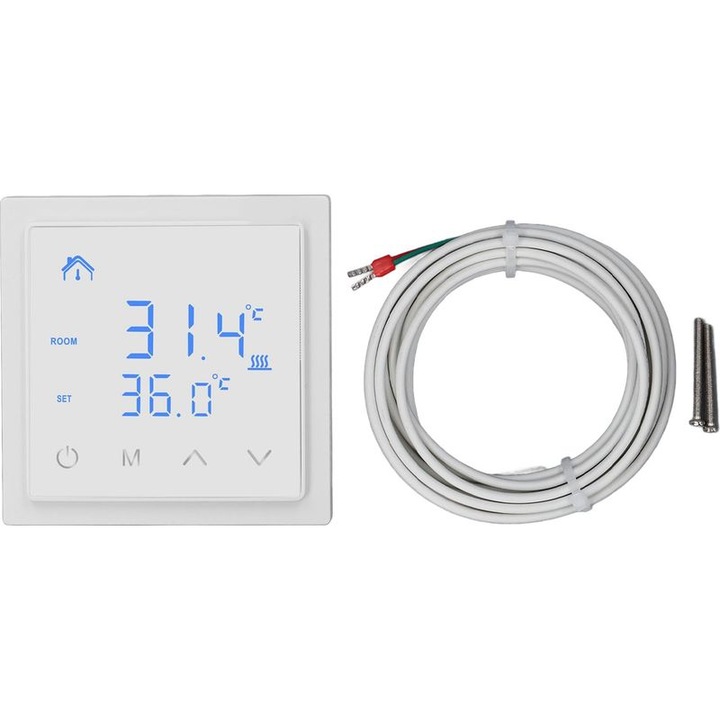 Elektromos padlófűtés termosztát, LED kijelző, 16A pontosság, 86x90x13mm