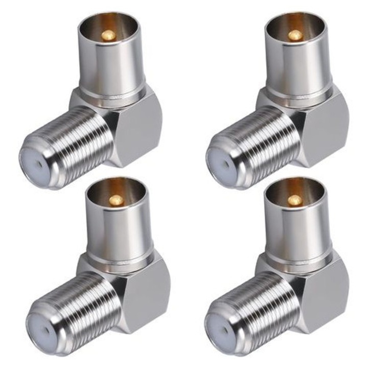 Set 4 adaptoare coaxial unghi 90 grade, argintiu, 75 Ohm, 2.5x2x1 cm