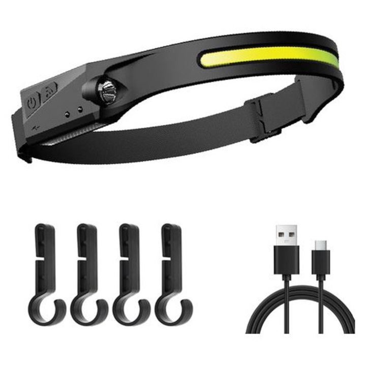 Állítható LED fejlámpa, mozgásérzékelő, vízálló, USB-C töltés, könnyű