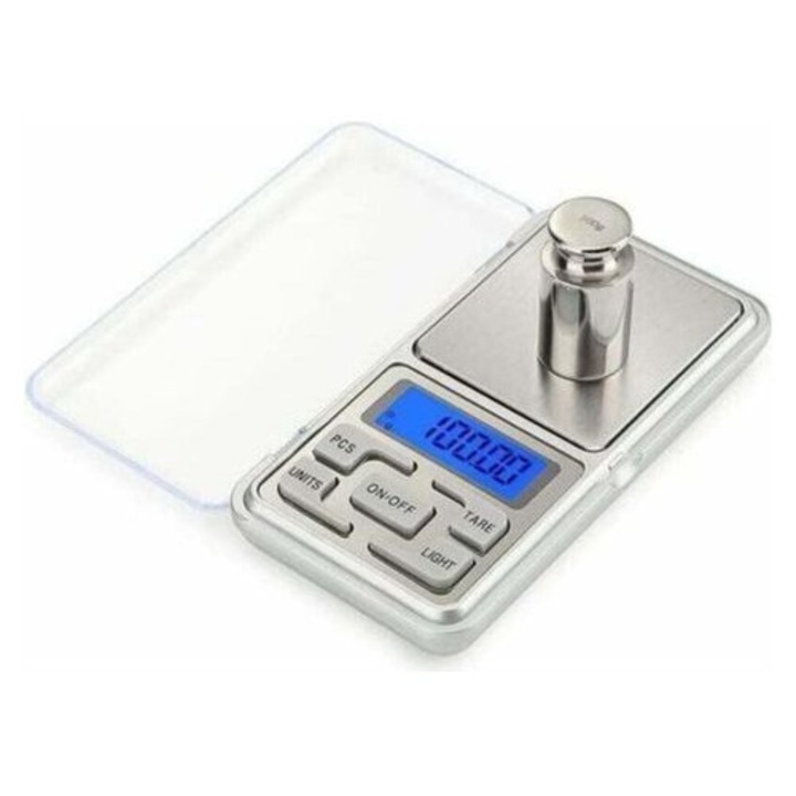 Cantar digital 200g 0.01g argintiu iluminare albastra