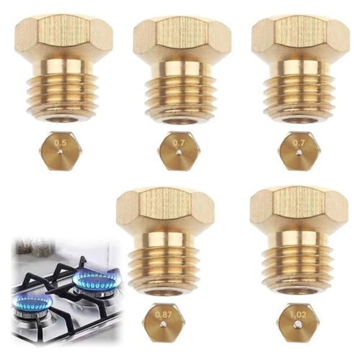Set 5 injectoare gaz butan propan, otel inoxidabil alama, filet standard, diverse debite