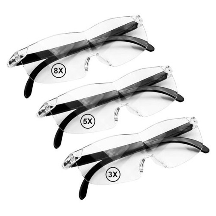 Set 3 ochelari lupa 3x 5x 8x anti lumina albastra montura pe cap, usori, confortabili