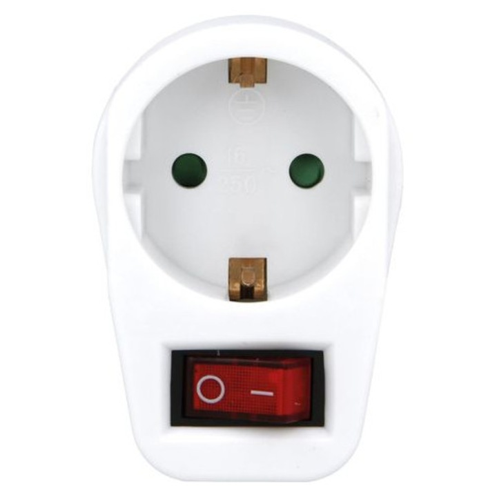 Adapter aljzat kapcsolóval és földeléssel, fehér, 8.5x6.5x6 cm
