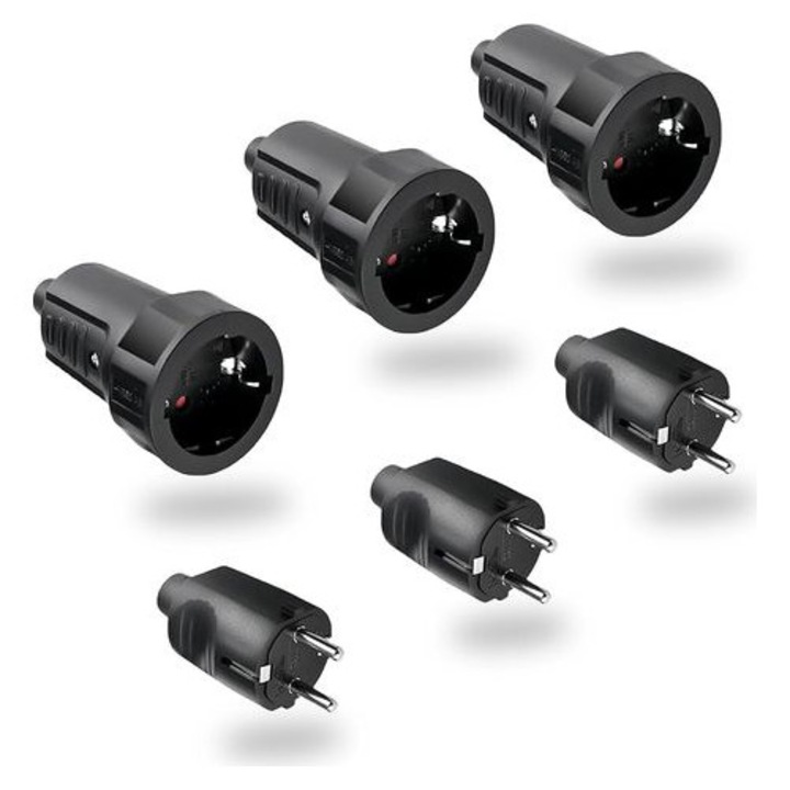 3 darabos dugó-aljzat készlet, vízálló, fekete, 250V 16A, IP44, 2 pólusú, 6-8mm, kültéri