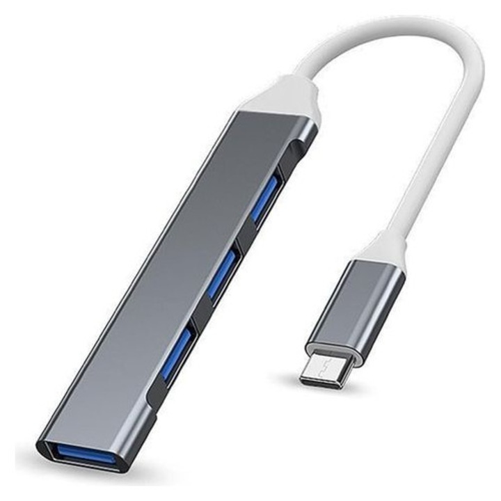 USB C elosztó, 4 portos, gyors adatátvitel, fekete, kompakt