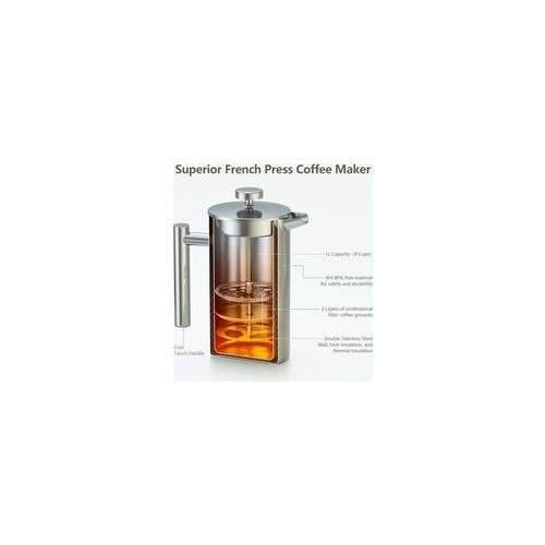 Cafetiera French Press, presa franceza, din otel inoxidabil 304, perete 6.5mm, filtru triplu din inox, pastreaza cald, fara plastic, argintiu, 1L