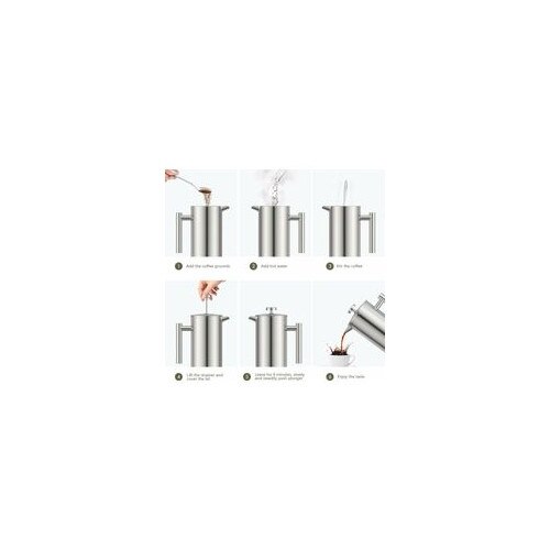Cafetiera French Press, presa franceza, din otel inoxidabil 304, perete 6.5mm, filtru triplu din inox, pastreaza cald, fara plastic, argintiu, 1L
