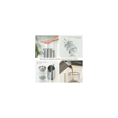 Cafetiera French Press, presa franceza, din otel inoxidabil 304, perete 6.5mm, filtru triplu din inox, pastreaza cald, fara plastic, argintiu, 1L
