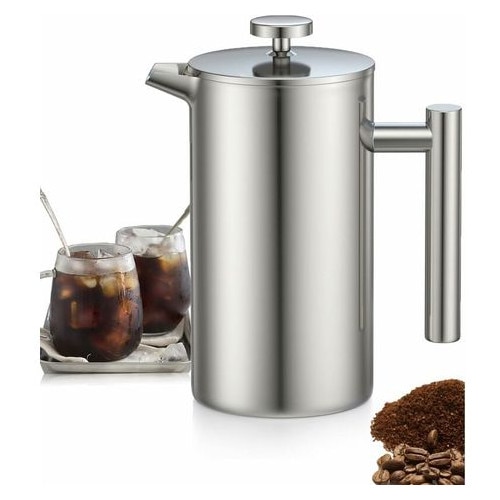 Cafetiera French Press, presa franceza, din otel inoxidabil 304, perete 6.5mm, filtru triplu din inox, pastreaza cald, fara plastic, argintiu, 1L