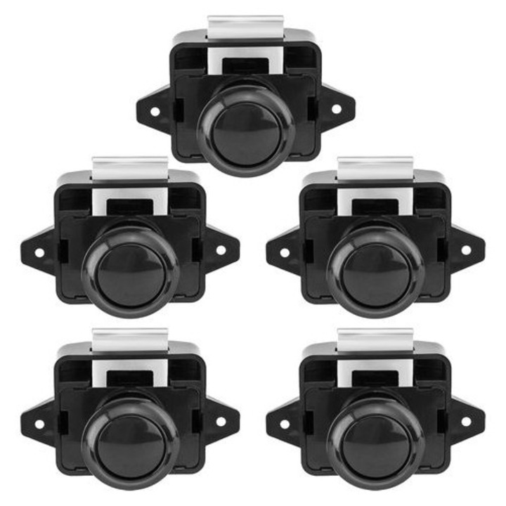 Nyomógombos zár, cink és ABS, ajtókhoz és fiókokhoz, ezüst, 15x18mm