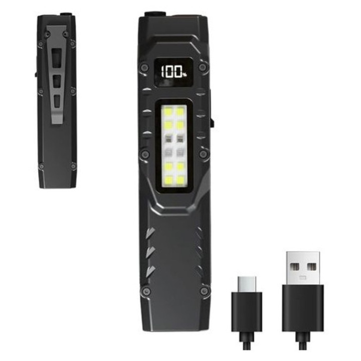 USB újratölthető hordozható lámpa, digitális kijelző, csipesz, fekete, kompakt