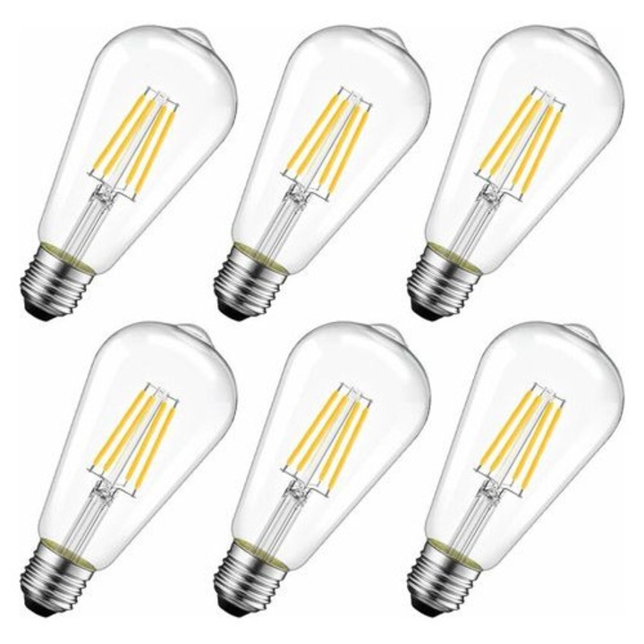 6 db LED filament izzó készlet 4W E27 ST64 meleg fehér 2700K vintage 6x12cm