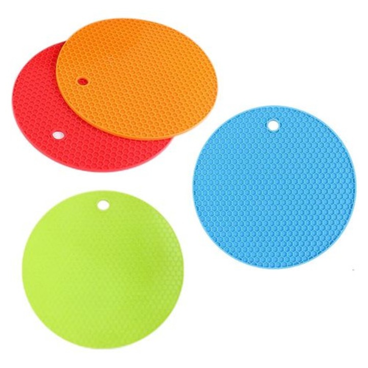 Set 4 suporturi rotunde din silicon, model fagure, rezistente la caldura, multicolor, 20x20cm