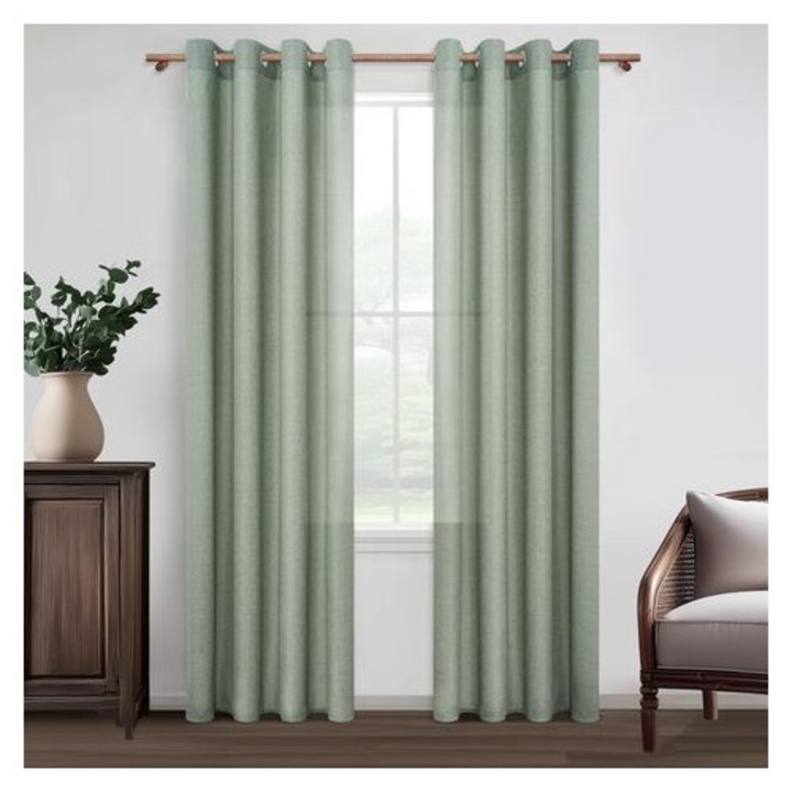 2 db voile függöny szett, 132x240cm, zsályazöld, félig átlátszó, len és poliészter
