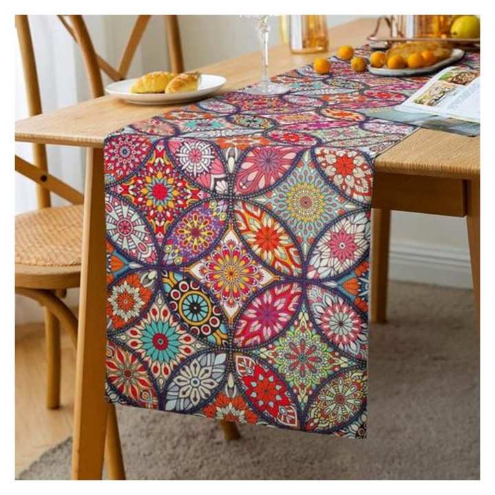 Boho asztali futó, geometrikus design, többszínű, 33x183cm