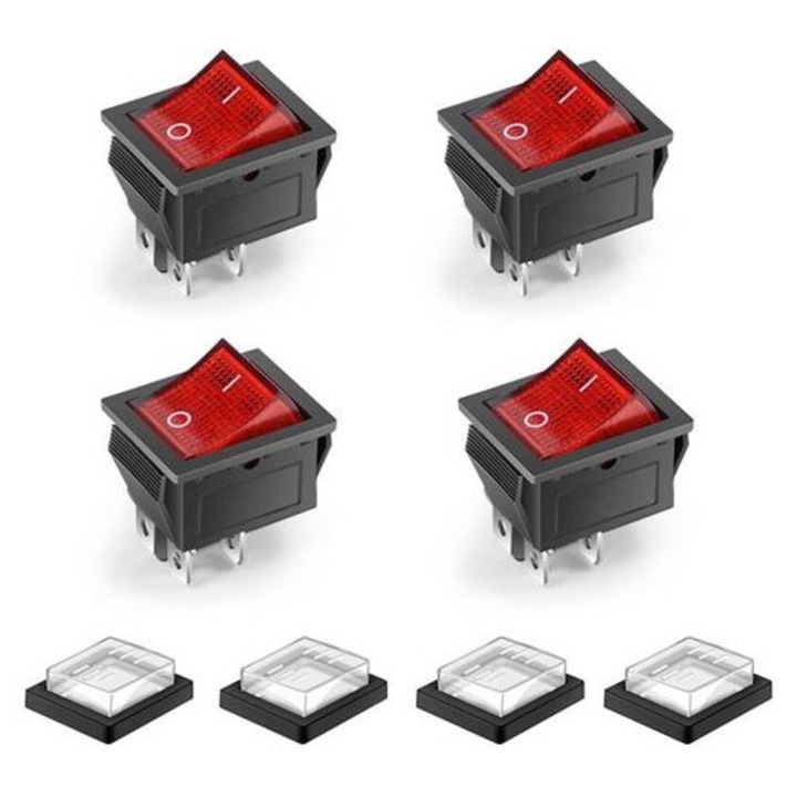 4 db vízálló billenőkapcsoló szett piros LED-del 25,5x21,5mm DPST 20A