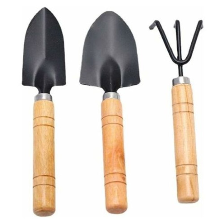 3 db fém és fa kerti szerszámkészlet, mini, ergonomikus