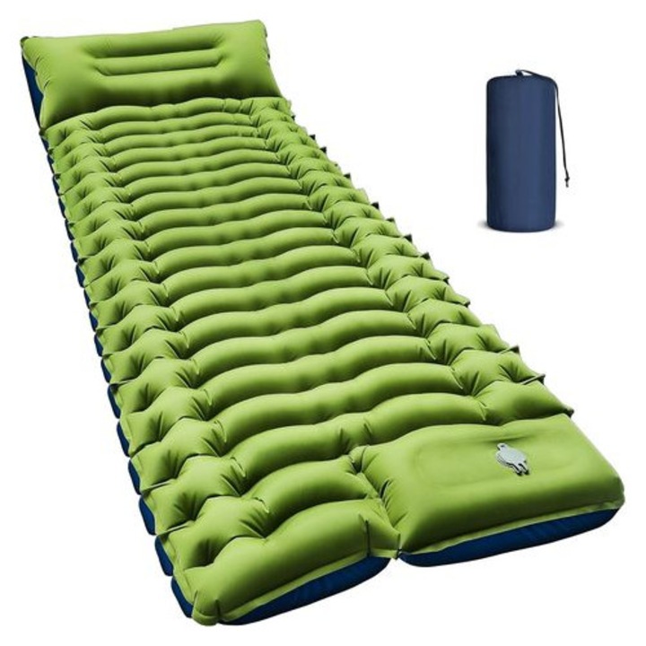 Ultrakönnyű önfelfújódó kemping matrac 190x68x10cm, kék, kompakt, beépített párnával