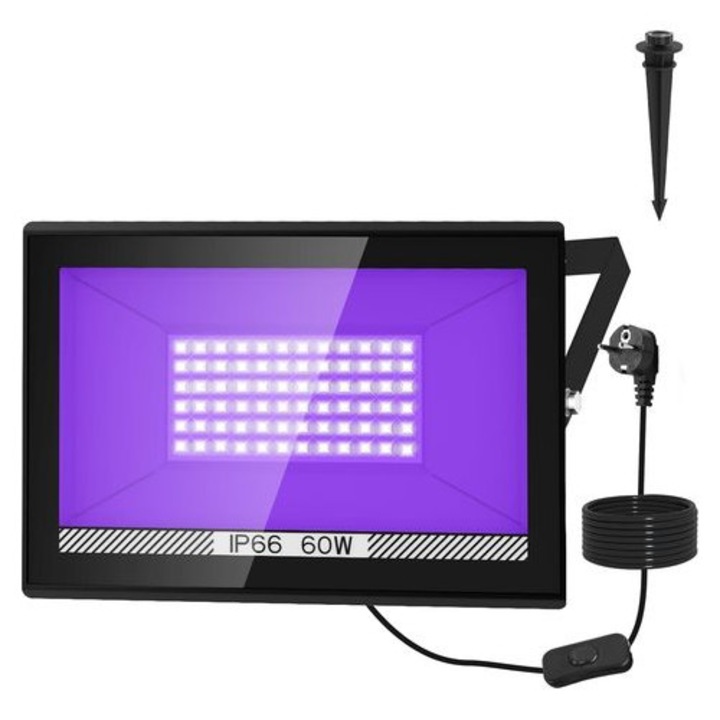 LED UV projektor 60W, IP66, 180°-ban állítható, fekete, kültéri
