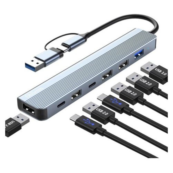 USB C Hub 7 az 1-ben, multiport adapter, fekete, 10x3x1cm