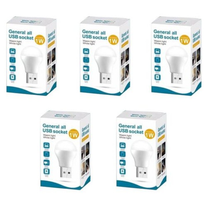 5 db USB LED izzó készlet, fehér, 6000K, 1Wx5, mini
