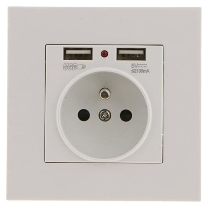 Beépíthető dupla USB aljzat 5V 2,1A, 86x86x60mm, fehér