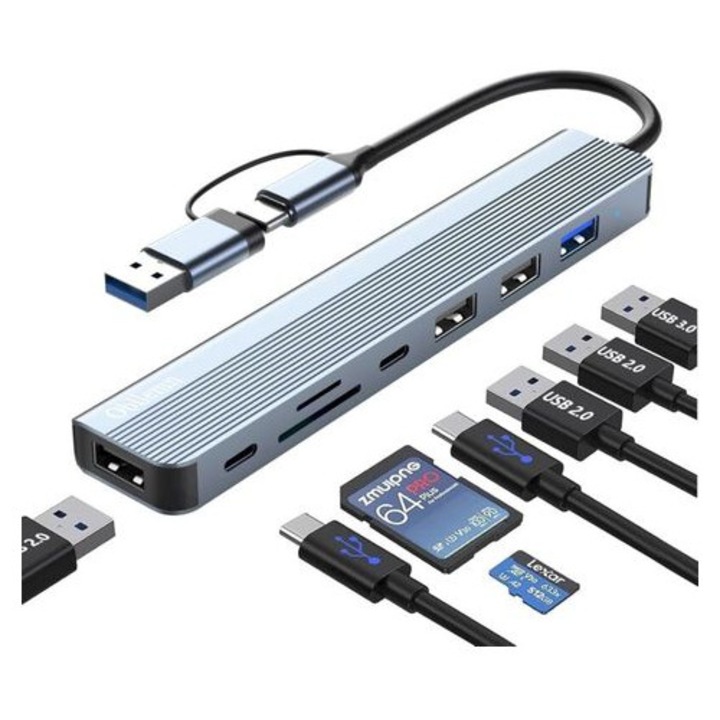 USB C elosztó 8 az 2-ben, 3 USB 2.0, USB 3.0, SD TF, 2 USB-C, fekete