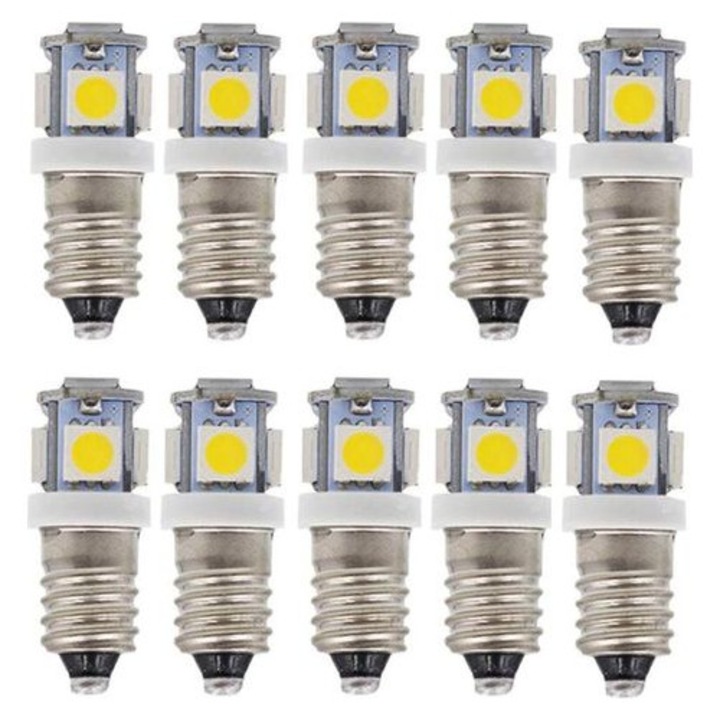Set 10 becuri LED E10 6V, alb, 5 LED, 50Lm