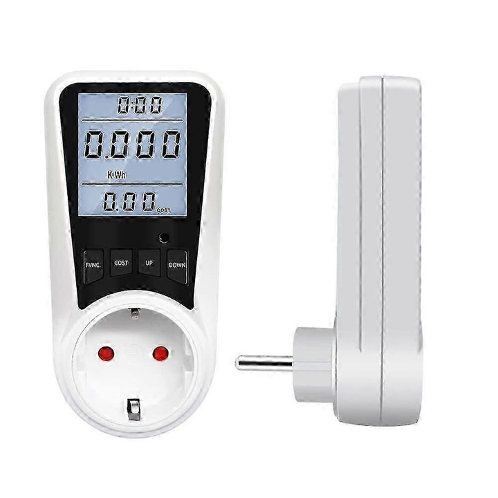 Contor consum energie, 140x80x60mm, alb, ecran LCD cu iluminare, protectie suprasarcina 3680W, 16A