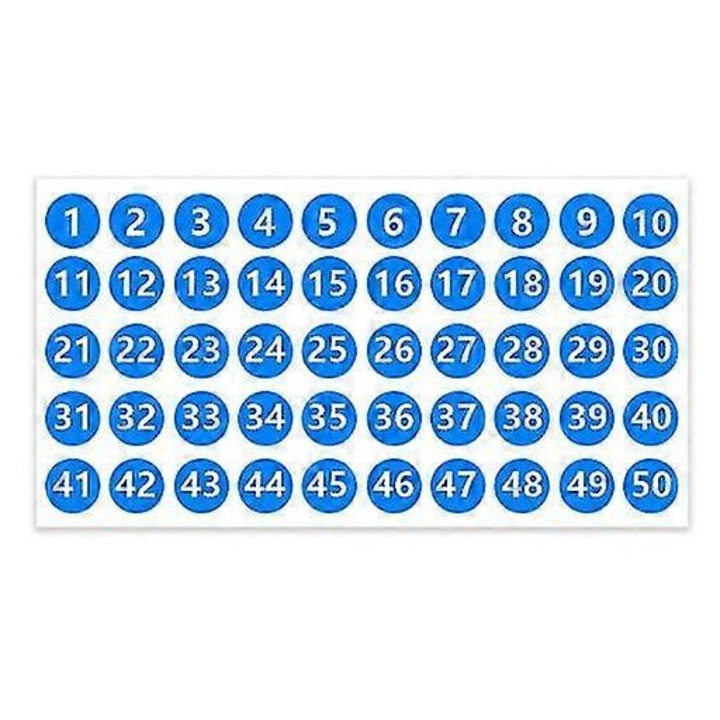 Öntapadós számozott címkék 1-50, 2.54x2.54cm, kék, 20 lapos szett