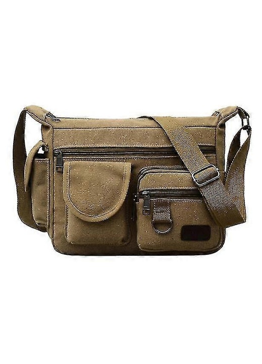 Férfi retro vászon válltáska, nagy kapacitású, khaki, 30x12x23cm
