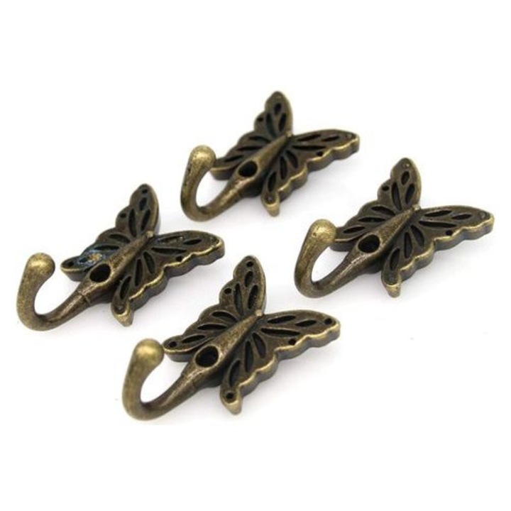 4 db vintage fali kampó, antikolt sárgaréz pillangó, 5.5x3.5cm