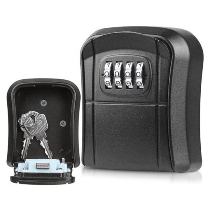 Kulcstartó doboz, 4 számjegyű kód, cinkötvözet, fekete, 94x80x36mm