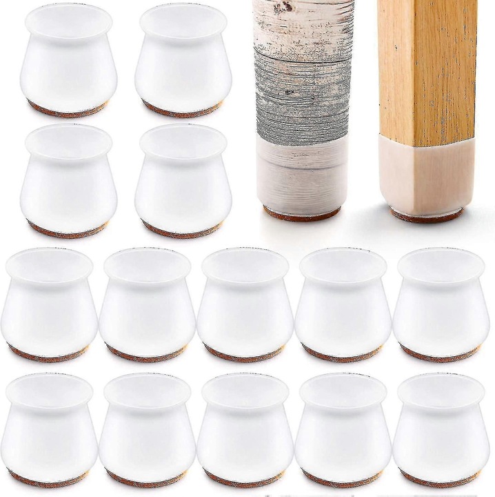 Protectii picioare scaun silicon cu fetru, set 24 buc, transparent, 30-45mm diametru/23.5-36mm latura