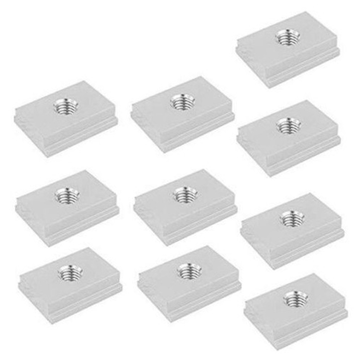Set 10 piulite T glisante M8, aliaj aluminiu, argintiu, 30x23x7.8mm