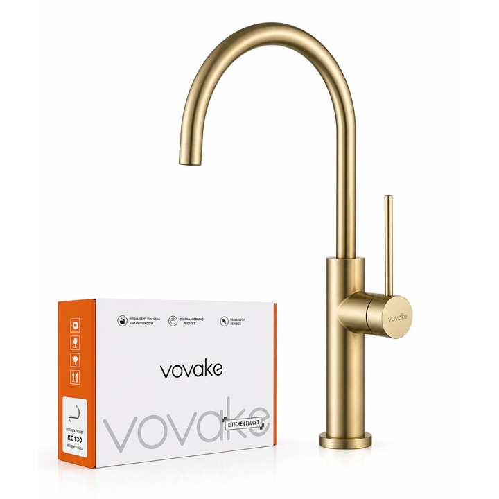 VOKAKE® Кухненски Смесител за Мивка, Въртяща се Глава и Тяло на 360°, Керамичен Патрон, Модерен Дизайн, Премиум Матово Покритие, Едноръкохватков, PVD Покритие Матово Злато