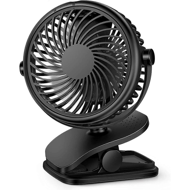 Hordozható ventilátor 2 az 1-ben, 360°-ban állítható, babakocsi csipesz, USB, akkumulátor, fehér
