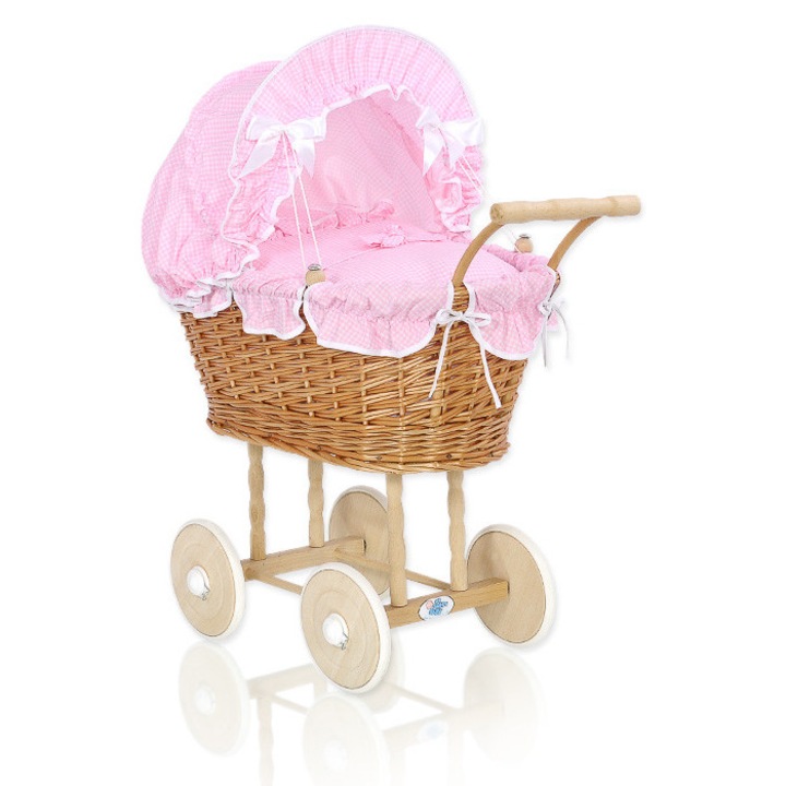 Carut papusi My Sweet Baby, natural, cu lenjerie roz, 50x35x65cm