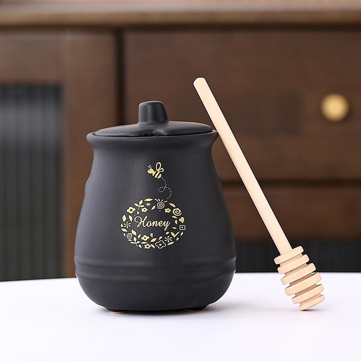 Borcanel ceramic pentru miere cu capac si lingurita din lemn, negru, 380ml