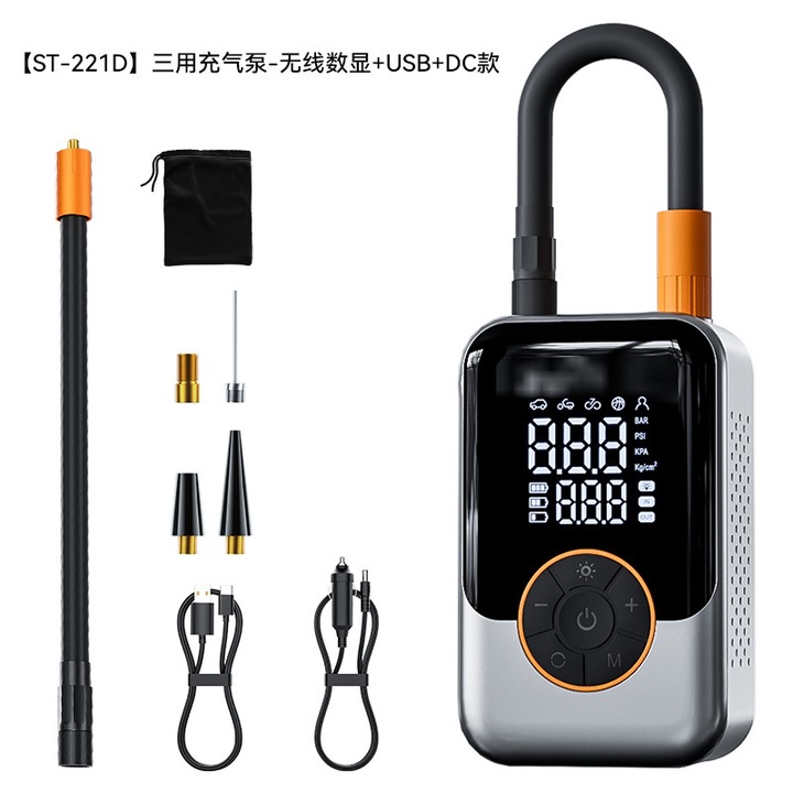 Compresor aer portabil, 150 PSI, digital, LED, 4 adaptoare, 6000mAh, fara fir