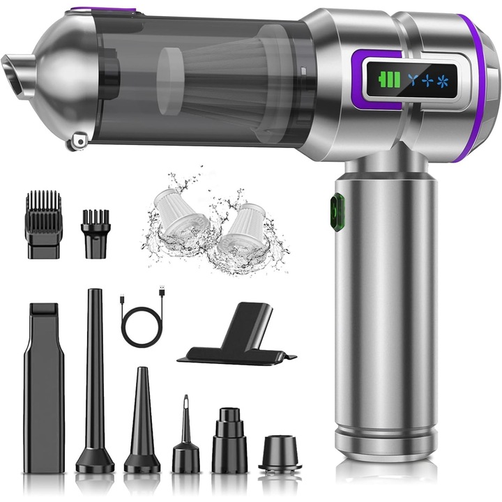 Aspirator auto portabil 25000Pa multifunctional 4-in-1 argintiu 9 accesorii
